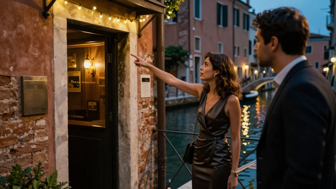 A woman shows a man a hidden jazz club in Navigli at dusk, surrounded by string lights and water reflections.