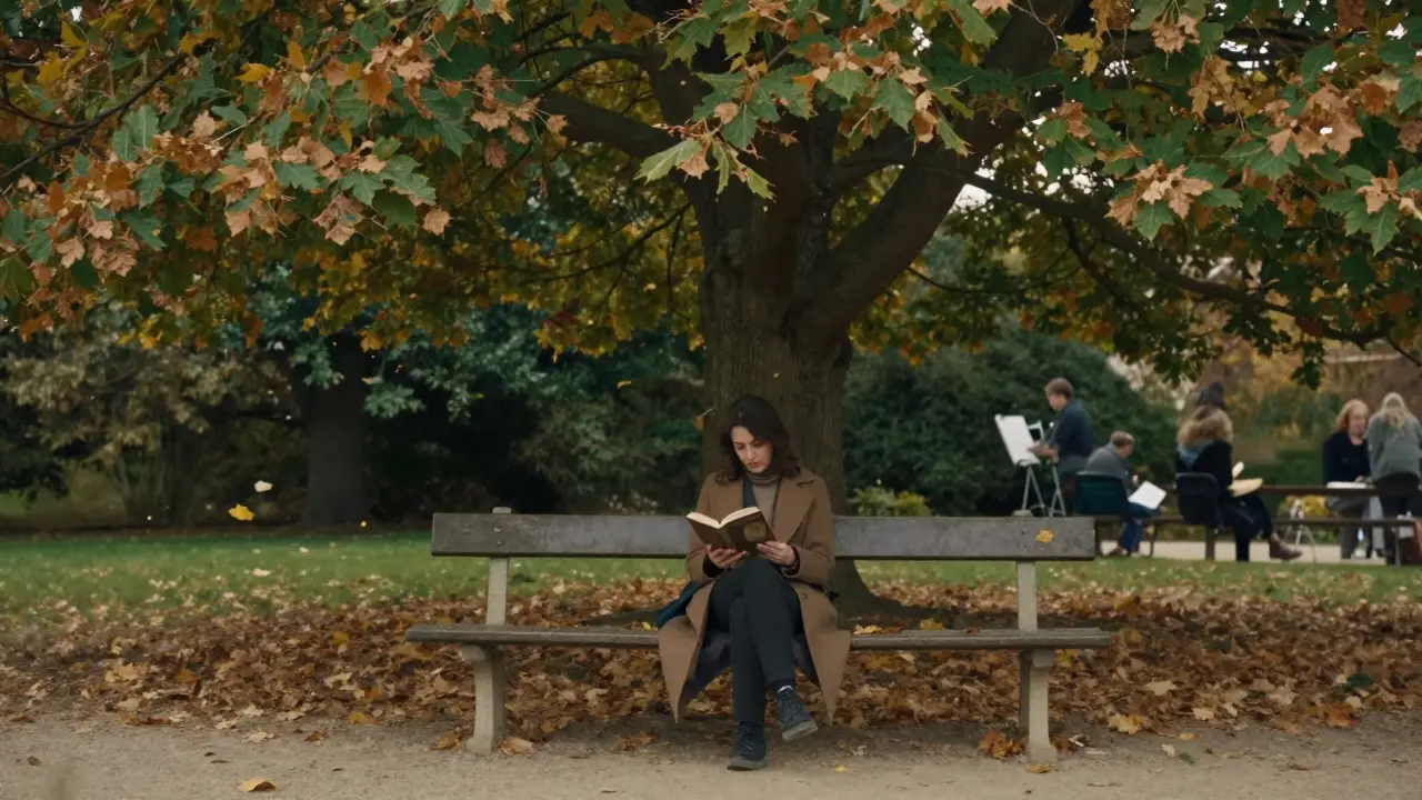 A woman sits alone on a bench in Luxembourg Garden, autumn leaves falling around her as artists sketch nearby.
