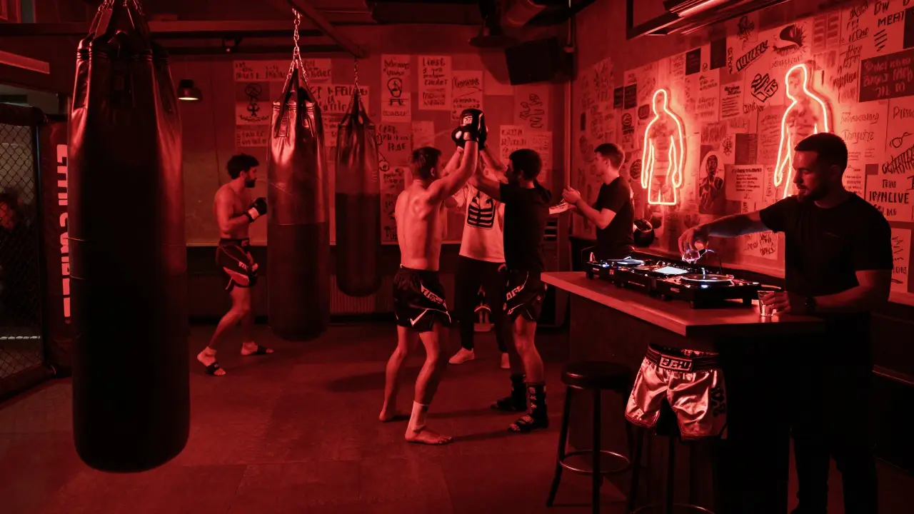 After a UFC fight, fans dance in a dimly lit bar with punch bags and walls covered in handwritten messages to fighters.