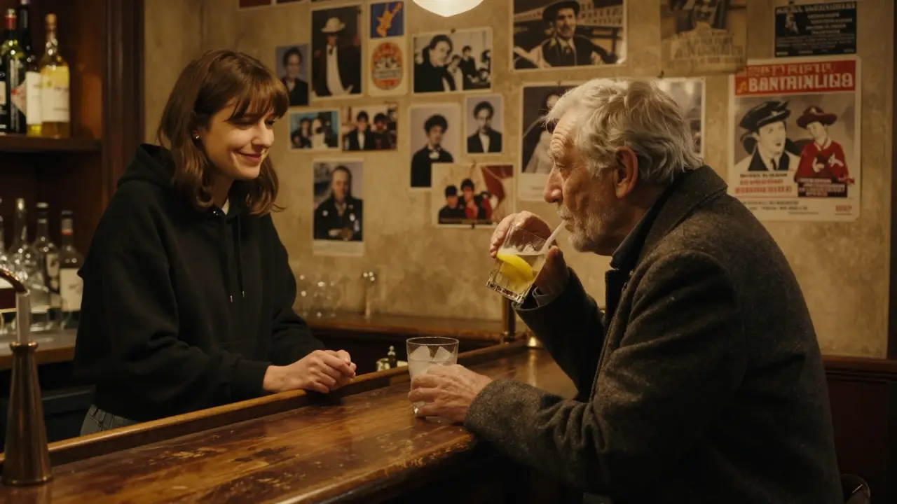 An elderly man and young woman at the bar in historic Bar San Marco, bathed in warm amber light.