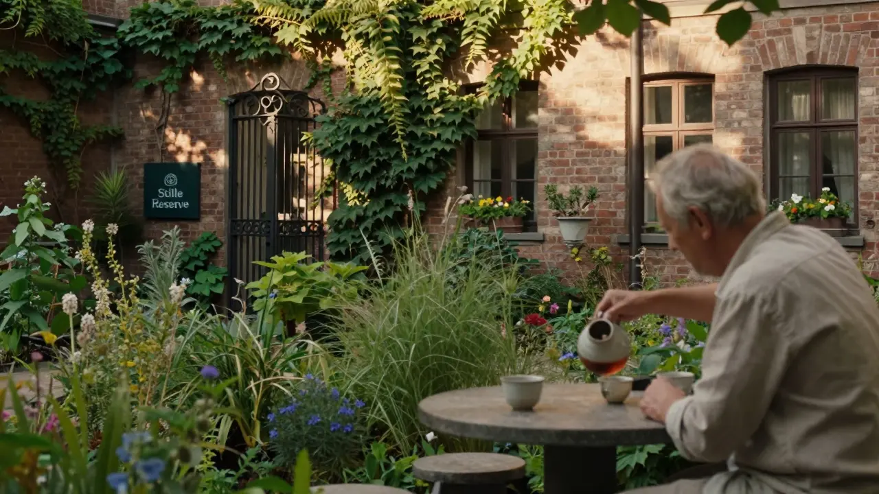 An elderly man pours tea in a hidden garden, surrounded by wildflowers and ivy-covered brick walls.