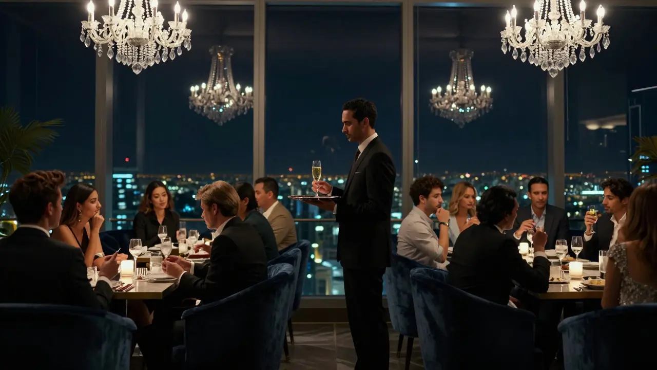 An exclusive lounge with crystal chandeliers, a sommelier presenting champagne, only a few guests in velvet booths.