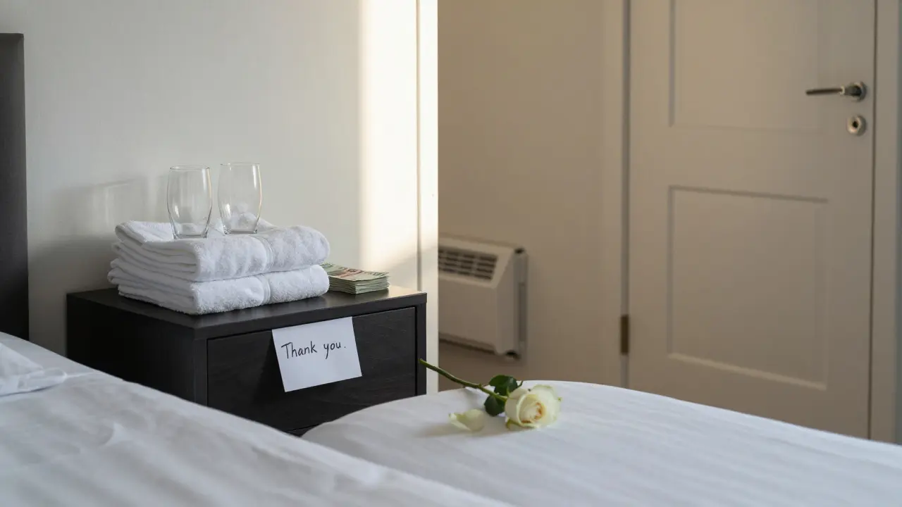 An immaculate hotel room at dawn, with a thank-you note and rose left on the nightstand.