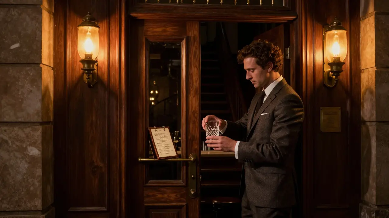 An underground speakeasy with warm lantern light, a bartender polishing a glass, no signs or crowds.