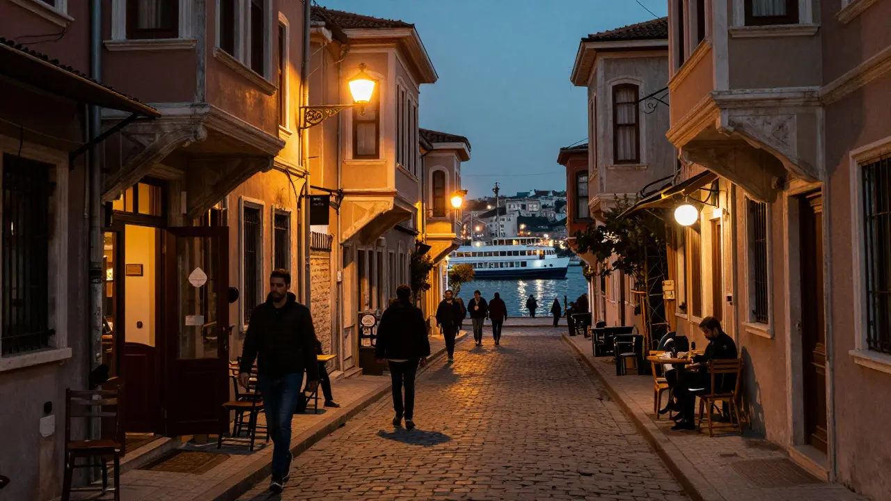 Cobblestone street in Karaköy with historic buildings and bar lights.