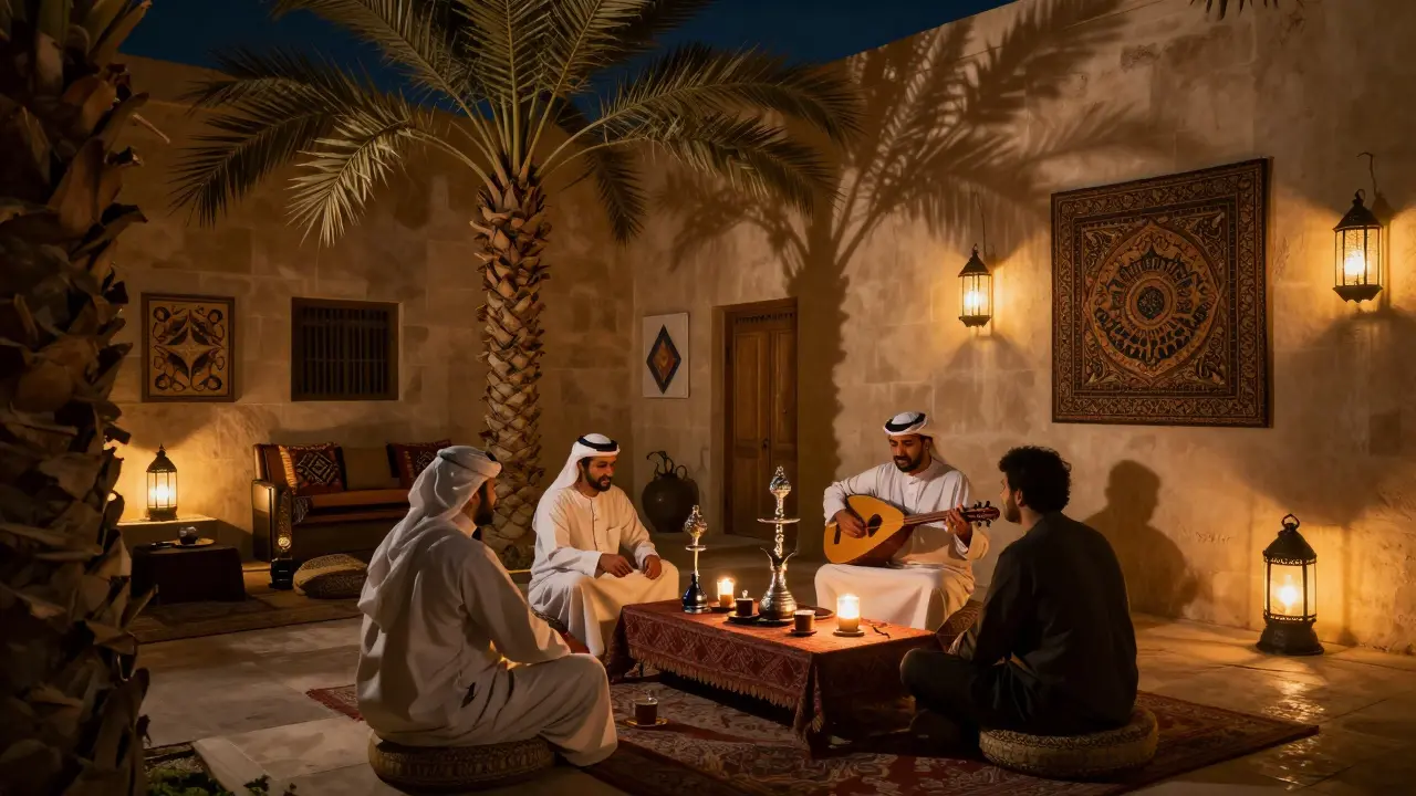 Cozy hidden courtyard in Al Quoz with shisha, oud music, and warm lantern light casting peaceful shadows.