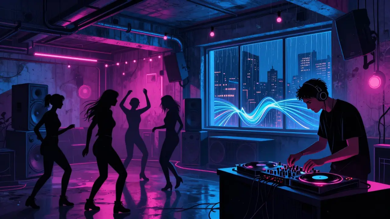 Crowd dancing in an industrial underground club with neon lights and bass-heavy music pulsing through the space.