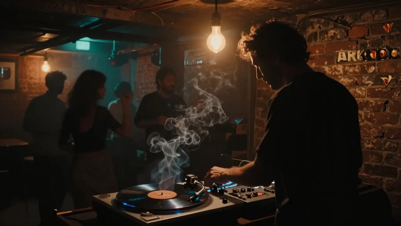Dim underground jazz club with a DJ spinning vinyl, patrons dancing in shadowy silhouettes under warm ambient lighting.