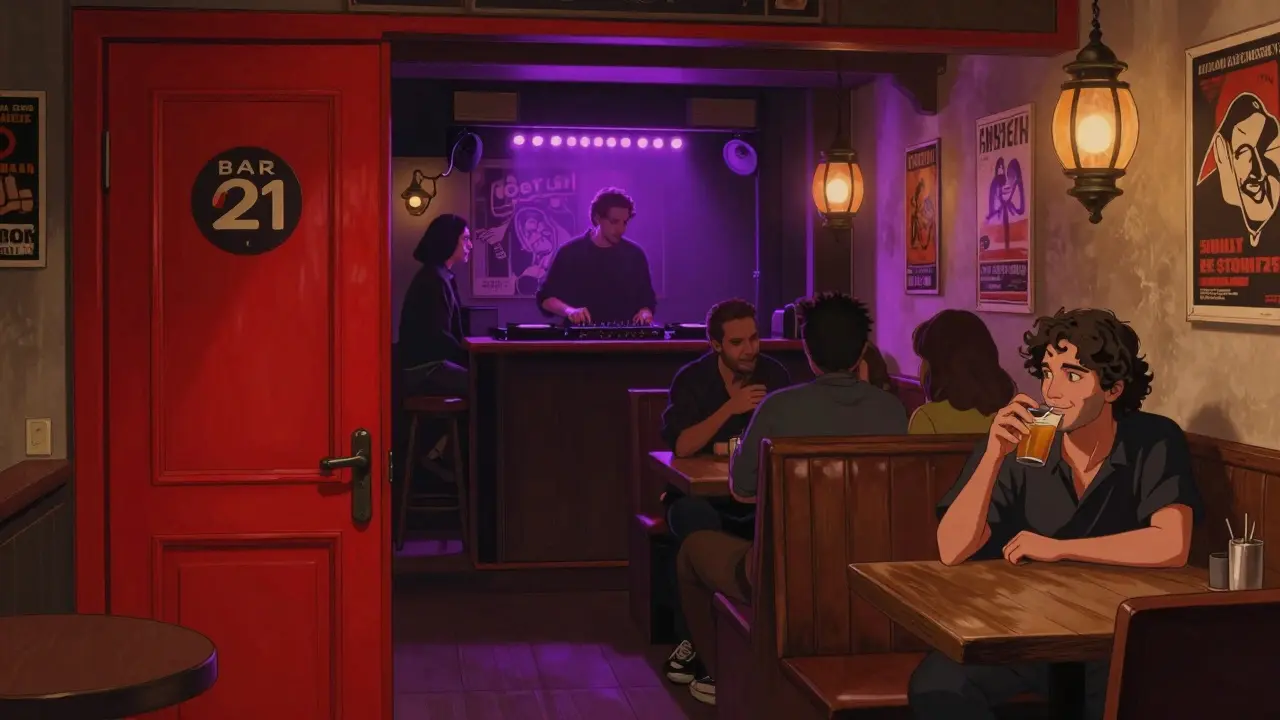 Dimly lit Bar 21 in Beyoğlu with patrons enjoying music and drinks in a cozy, intimate basement vibe.