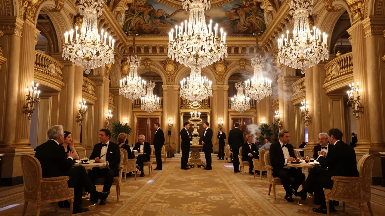 Elegant casino interior with chandeliers and formally dressed guests.