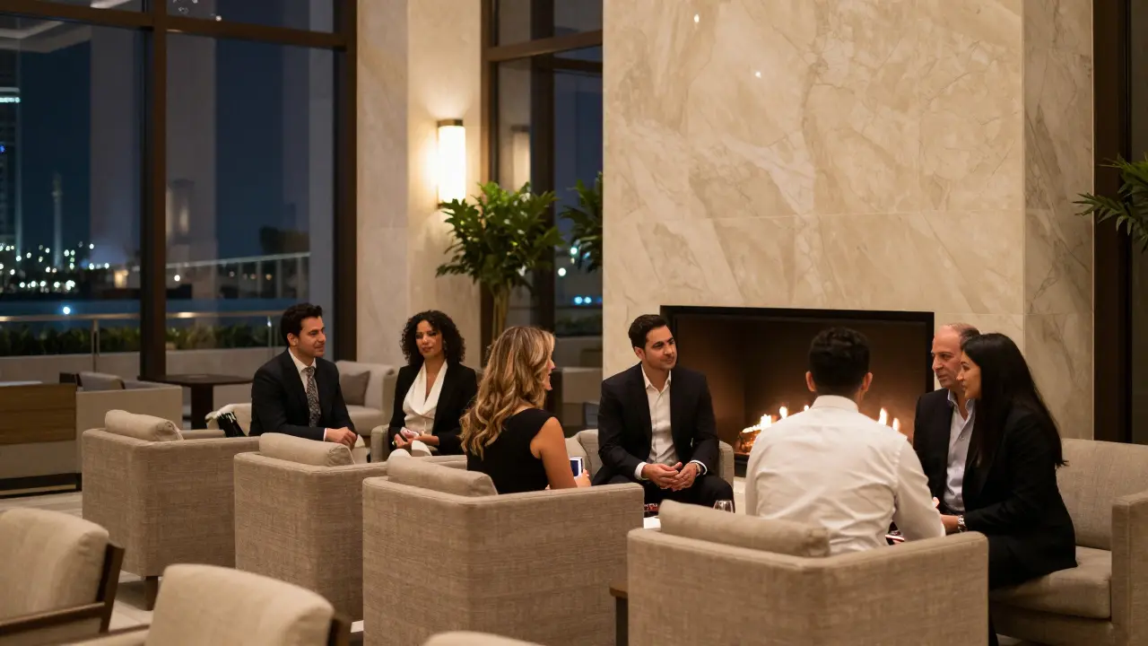 Elegant guests conversing softly inside a private hotel lobby lounge with warm lighting.