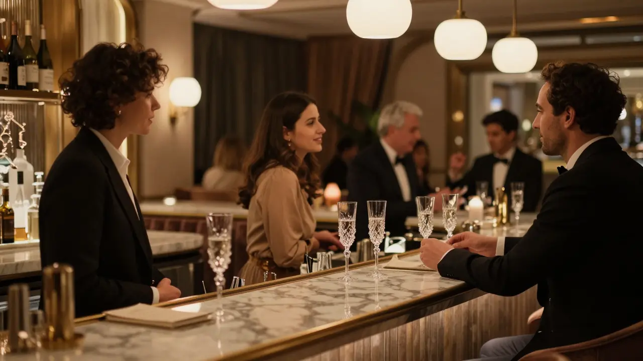 Elegant patrons in formal wear conversing inside an upscale Monaco lounge