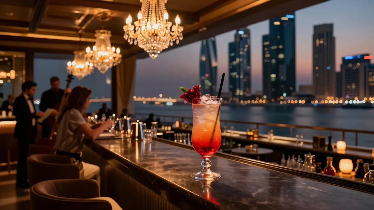 Elegant rooftop bar at The St. Regis with jazz musicians and marina views at twilight.
