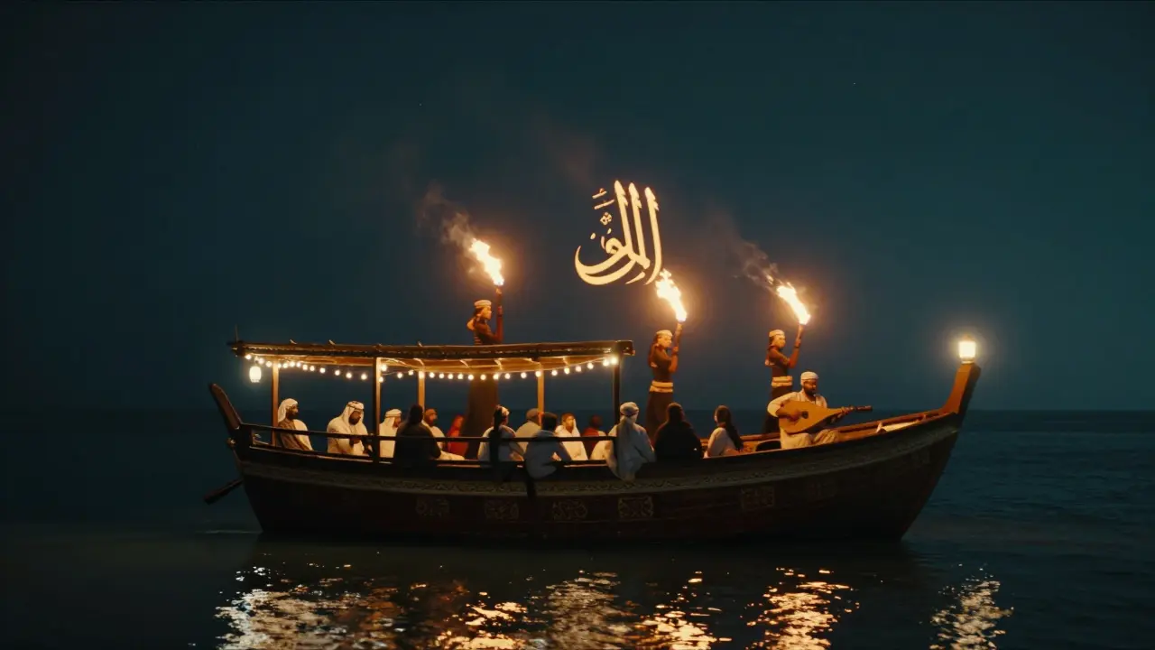 Fire dancers performing Arabic calligraphy on a midnight dhow cruise under starry skies.