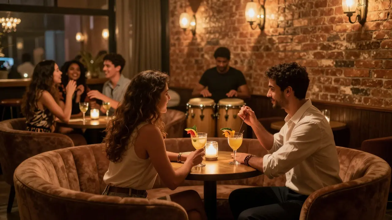 Friends chatting over cocktails in a warm intimate lounge