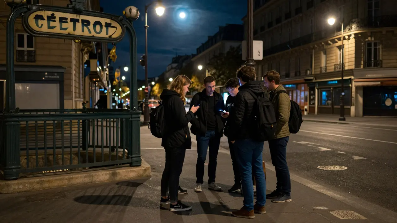 Group of travelers standing safely on a city street checking maps at night.