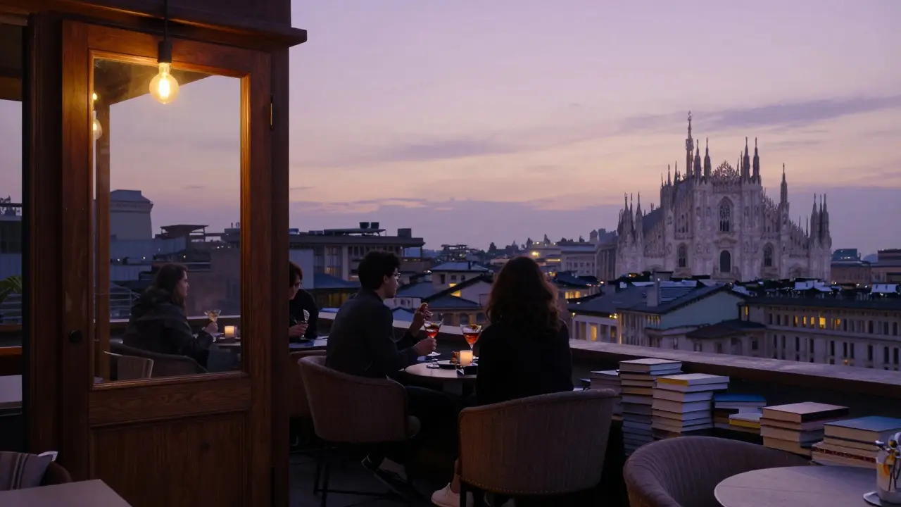 Guests on a hidden rooftop bar above a bookstore, overlooking Milan's skyline at dawn.