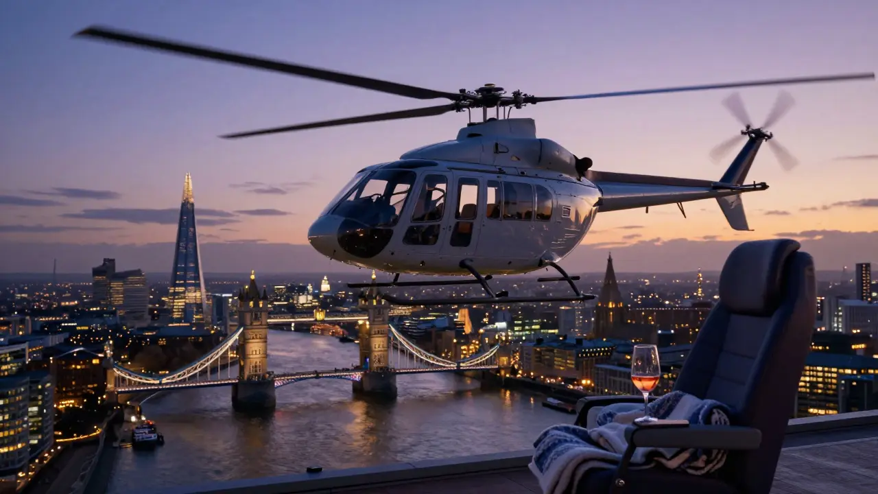 Helicopter view over London at dusk with rosé and blanket on an empty seat.
