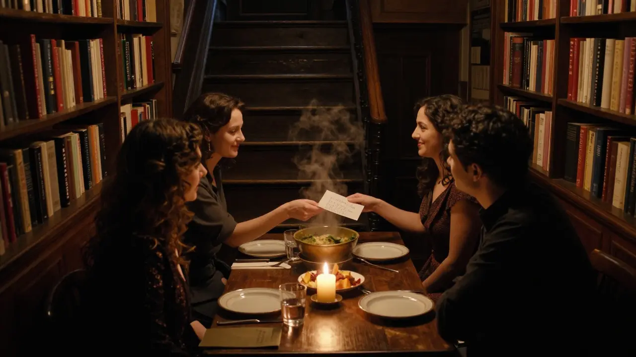 Hidden supper club beneath a bookshop, candlelit table with handwritten note being handed to a guest.