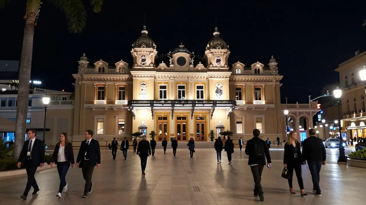 Illuminated Monte Carlo Casino Square with pedestrians walking at night