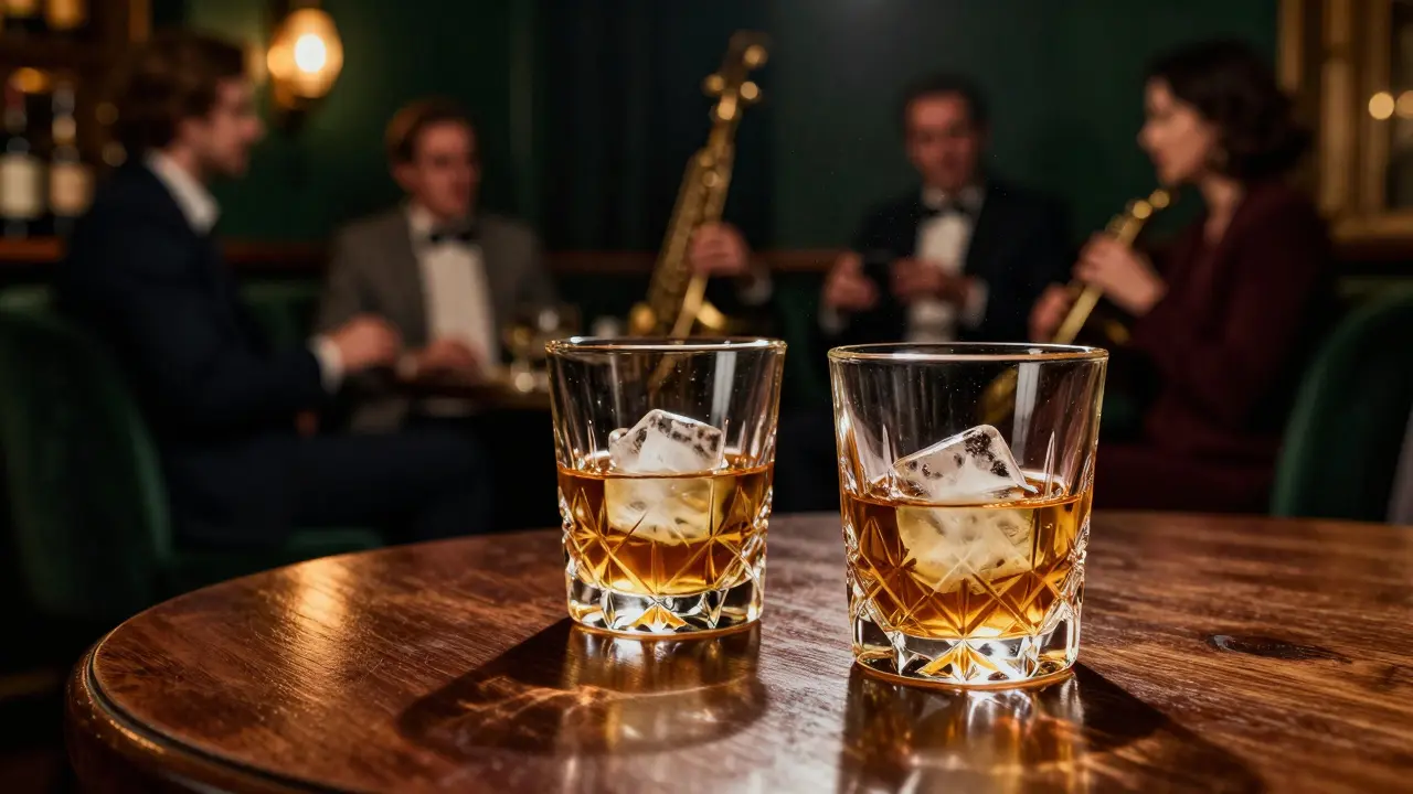 Intimate bar interior with dim lighting, classic whiskey glasses, and patrons in formal wear conversing.