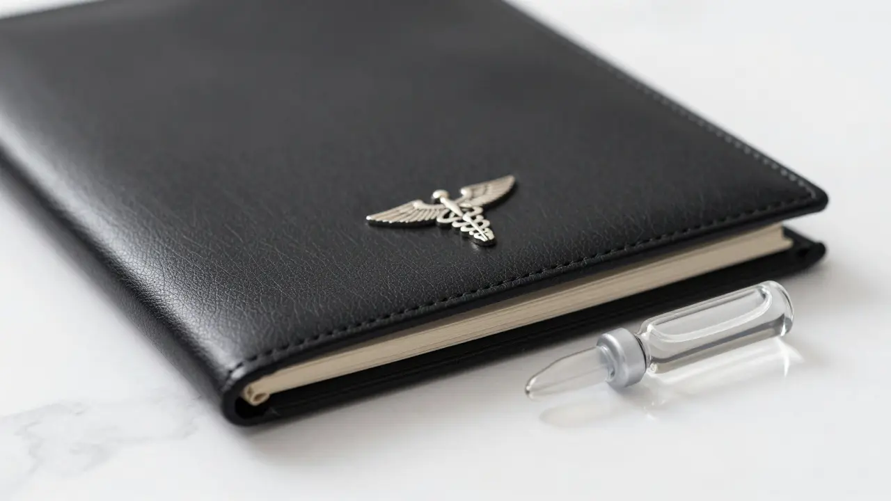 Leather portfolio and medical emblem on white marble table.