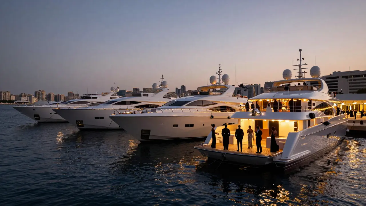 Luxury superyachts moored in Port Hercules harbor with city lights reflecting on the water.