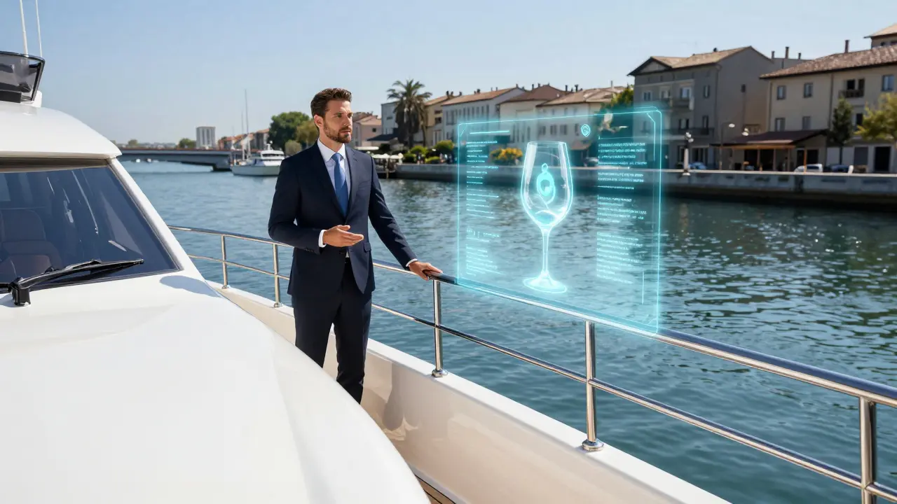 Luxury yacht deck with futuristic privacy hologram projection