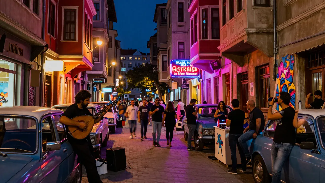Neon-lit İstiklal Avenue in Istanbul at midnight, featuring street musicians, a DJ, and locals enjoying drinks amid vibrant urban energy.