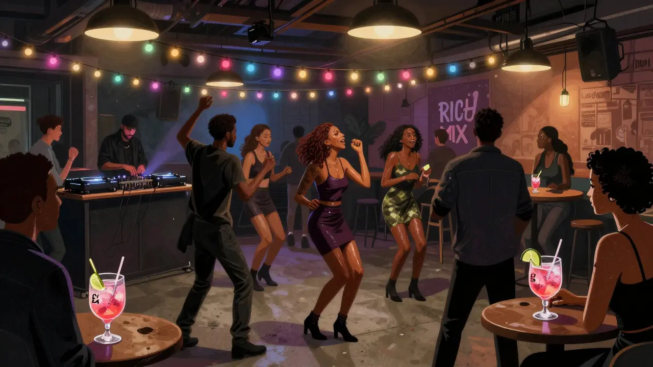 People dancing on a concrete floor at a free music event in Shoreditch, sipping gin and tonics under string lights.