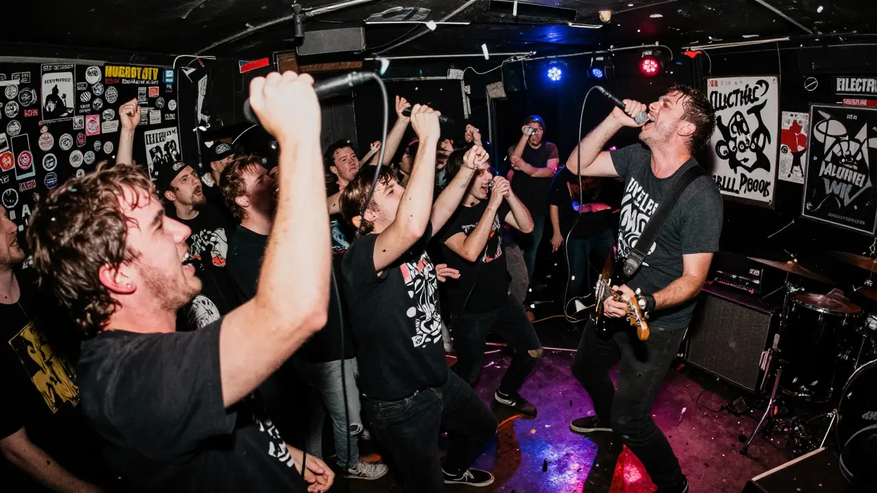 Punk concert in full chaos at the Electric Ballroom, crowd surging in a sticky, sticker-covered venue.