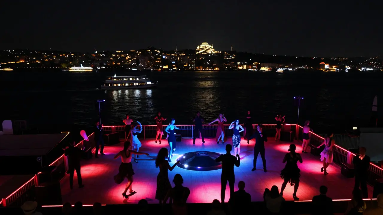 Reina club on the Bosphorus with dancers under pulsing lights and boats on the water.