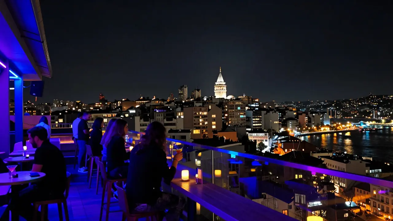 Rooftop bar view of Istanbul skyline and Bosphorus at night.
