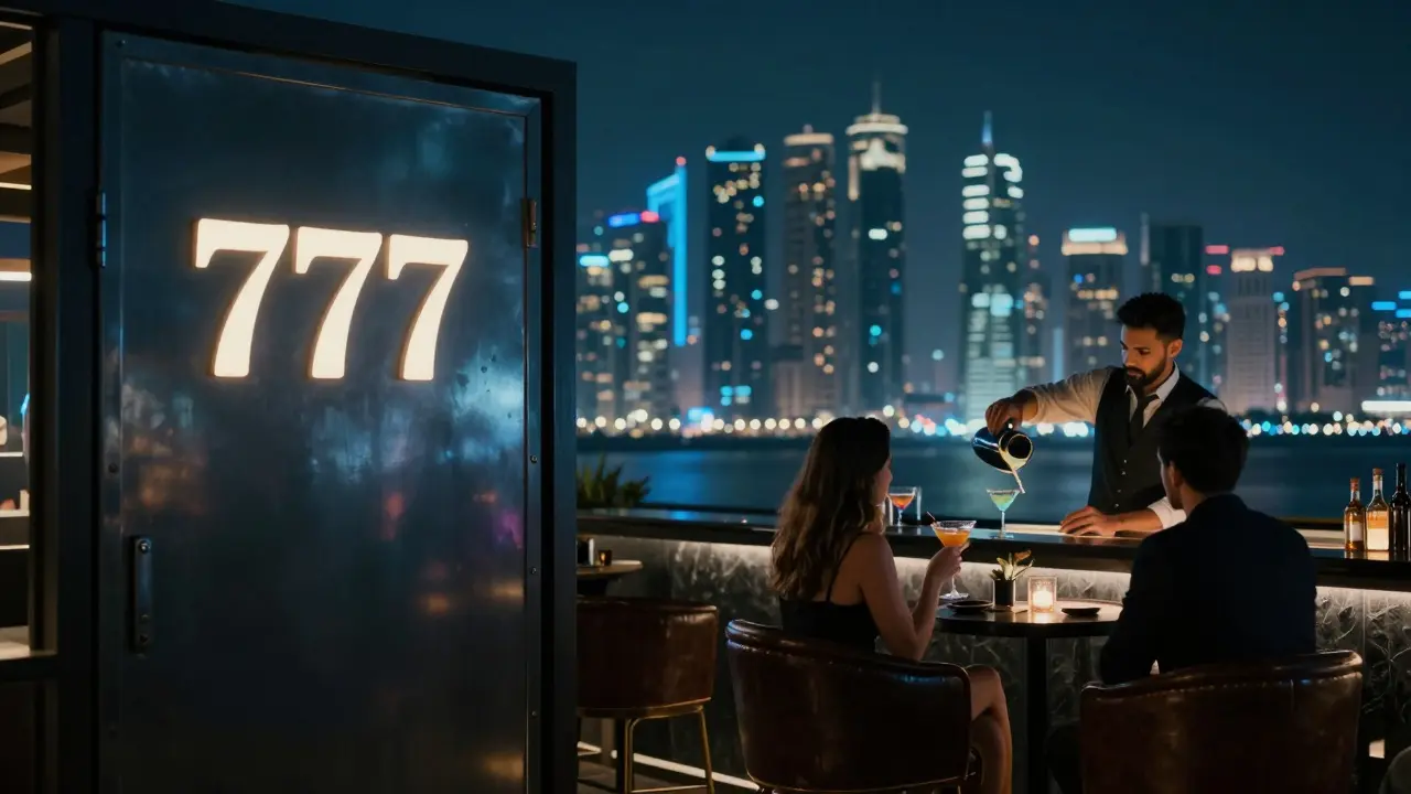 Rooftop bar with glowing '777' sign overlooking Abu Dhabi's nighttime skyline.