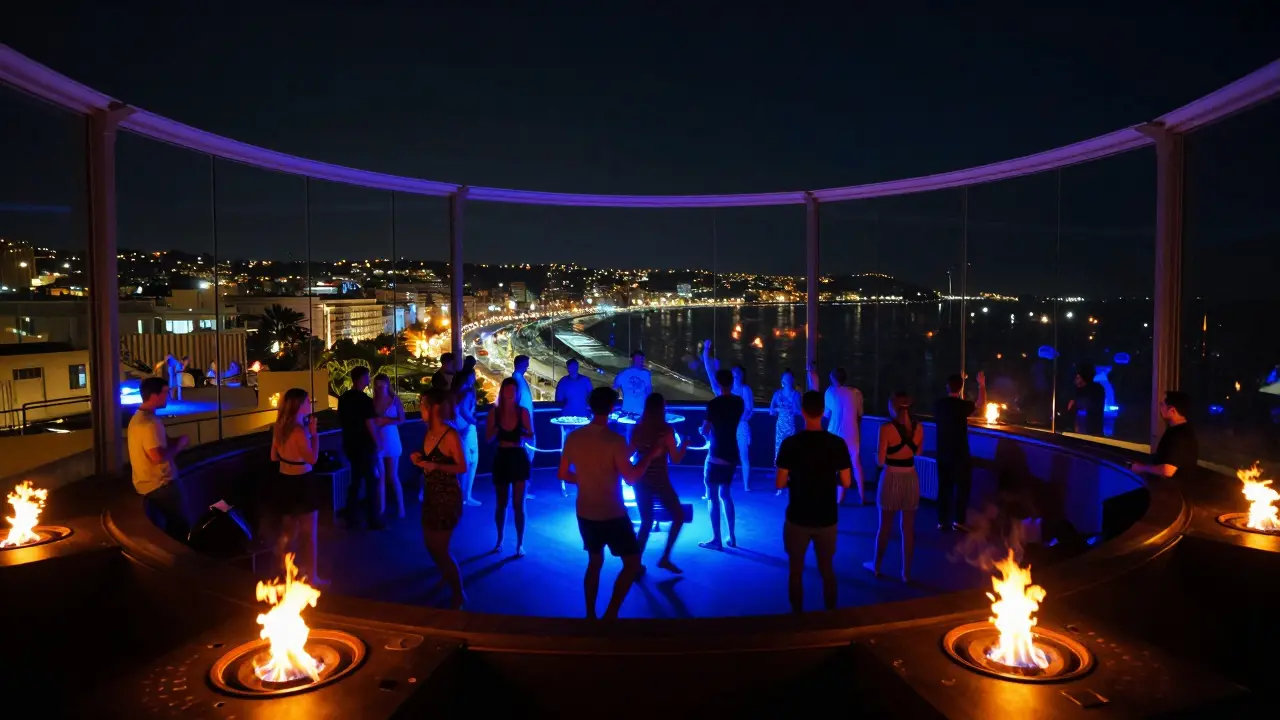Rooftop dance party at Hudson’s with panoramic views of the Mediterranean at midnight.