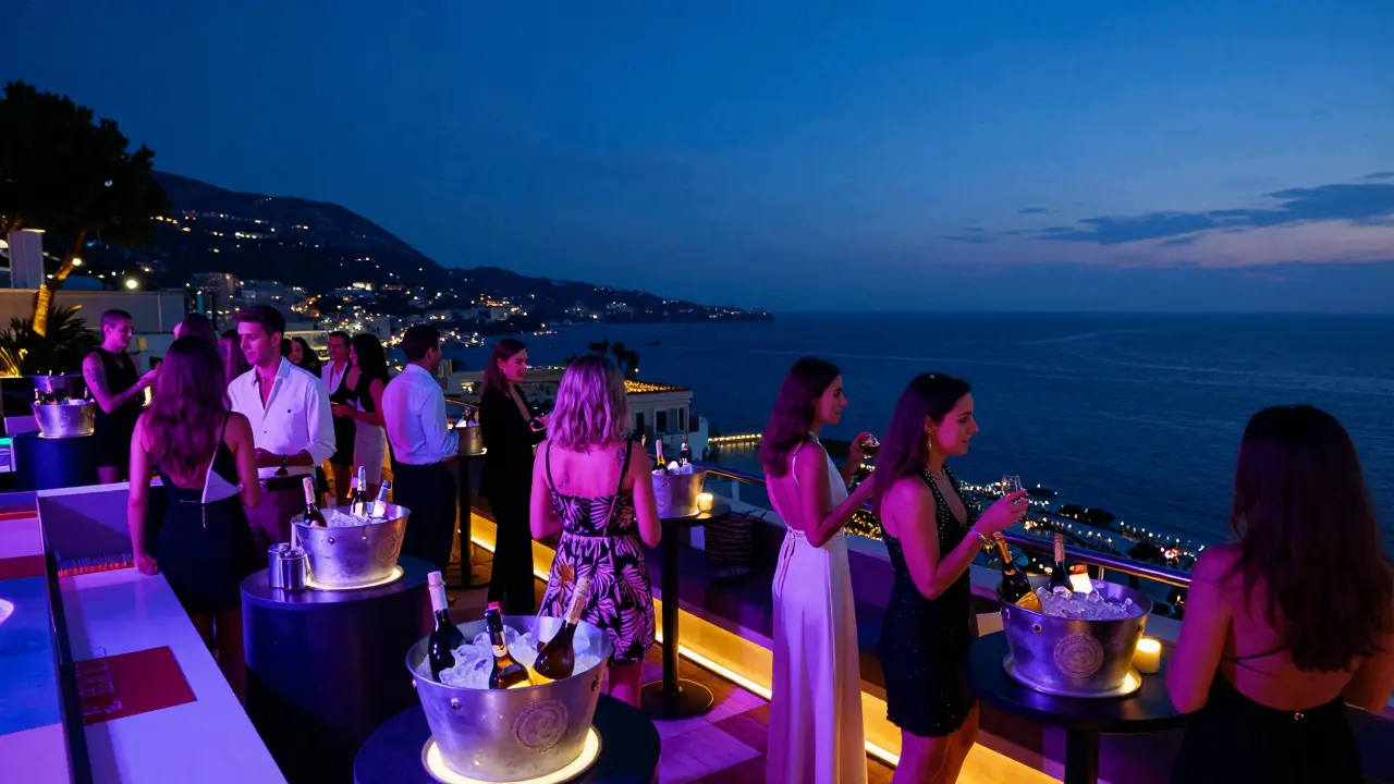 Rooftop nightclub terrace overlooking the Mediterranean sea at night.