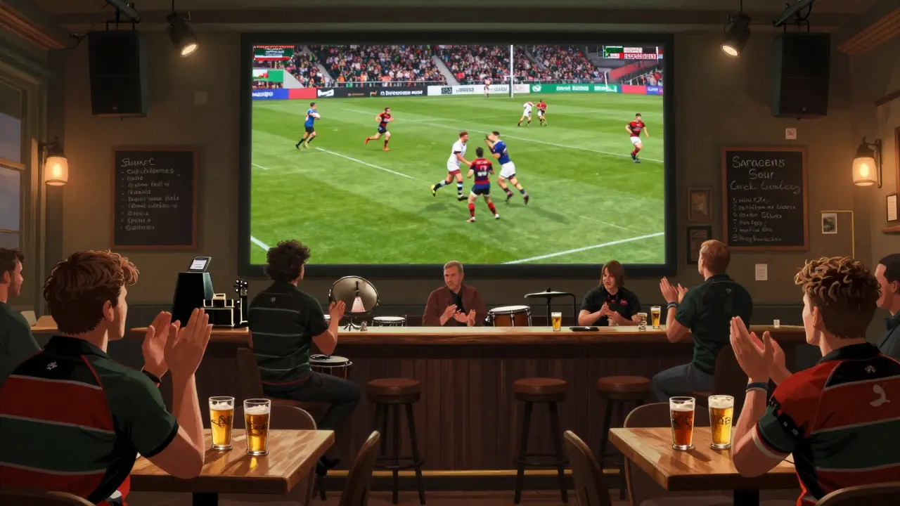 Rugby fans celebrating a try at a London pub with live drummers and a giant screen displaying the action.