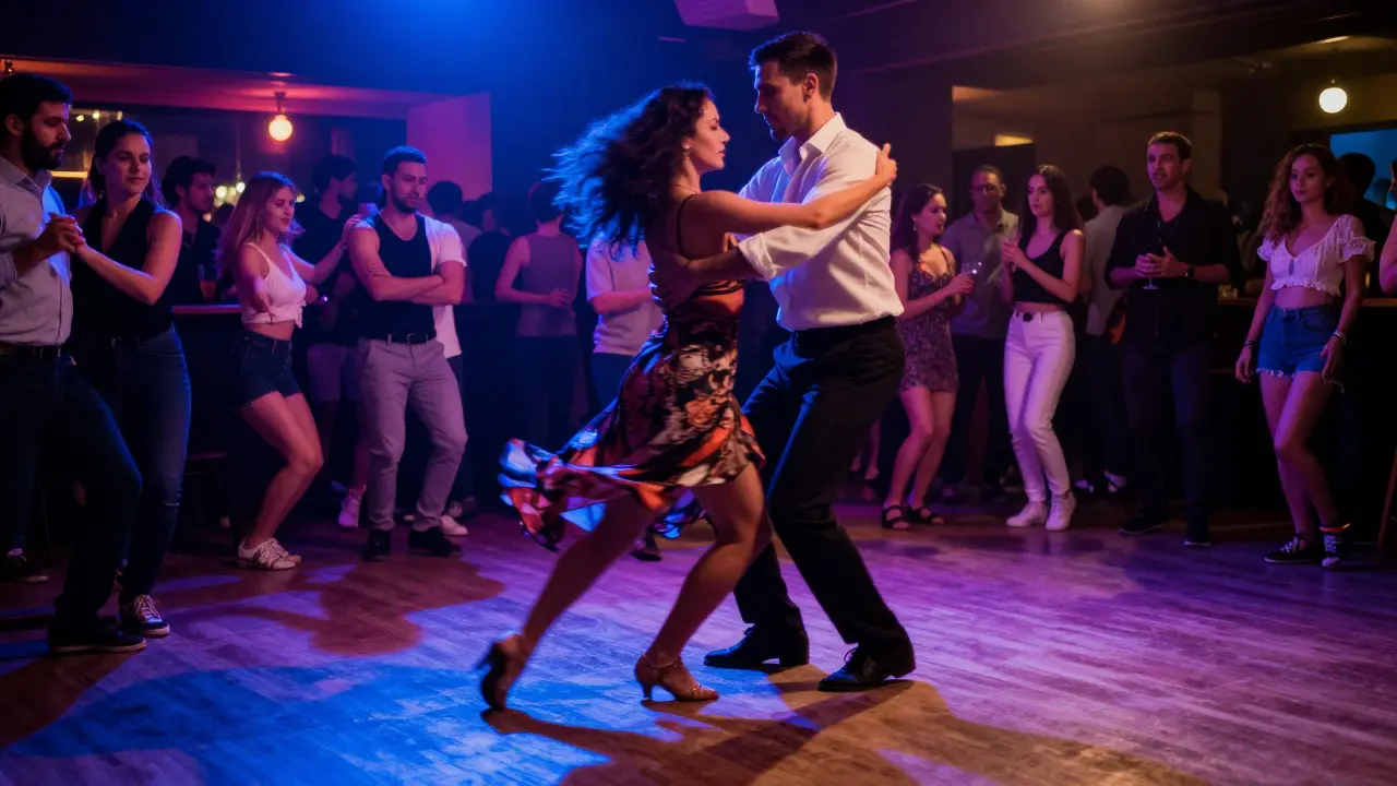 Salsa couple dancing energetically under colorful club lights