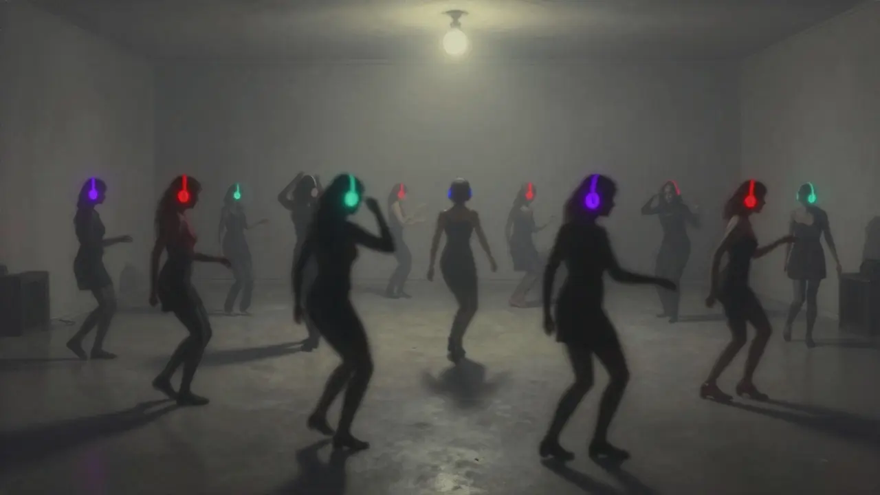 Silent disco dancers move in synchronized silence under colored glowing headphones.