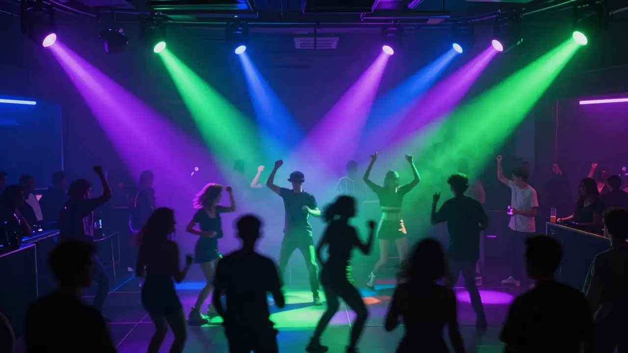 Silhouettes dancing in club with colorful neon lights