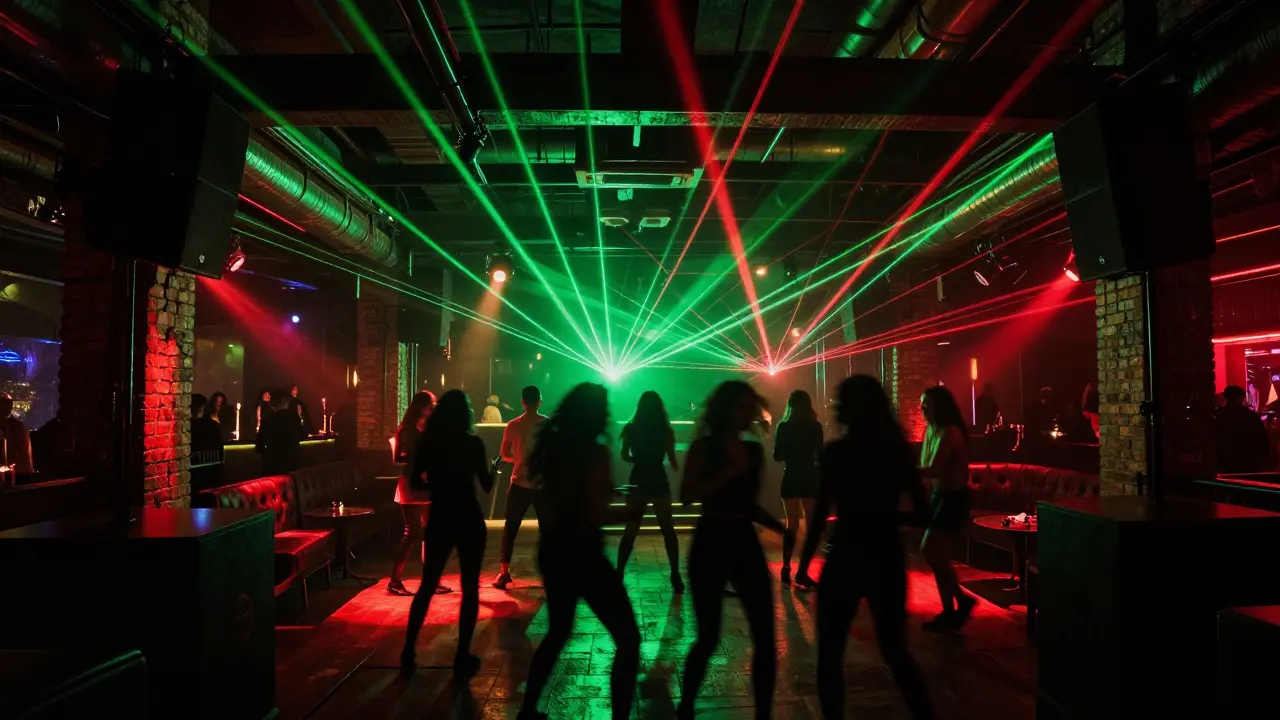 Silhouettes dancing under colorful laser lights inside a bustling nightclub.