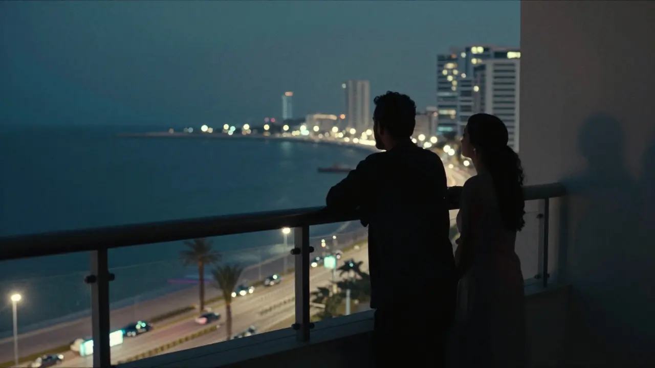 Silhouettes of people on a balcony overlooking city lights representing privacy and discretion.