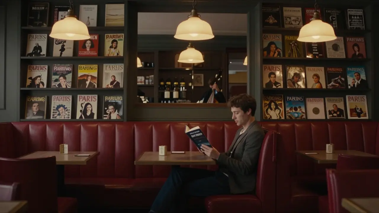 Someone reading Ulysses in a red vinyl booth at Bar Luce, surrounded by art books and warm vintage lighting.
