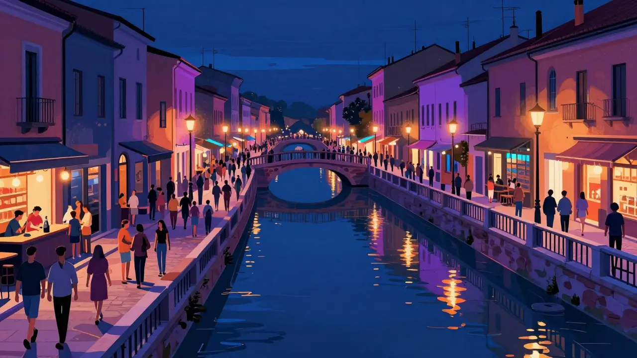 Stylized view of crowds walking along the neon-lit canals of Navigli.