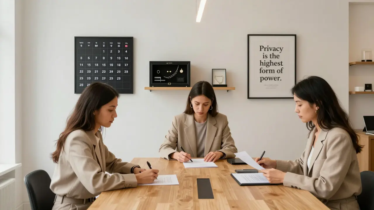 Three professional women reviewing contracts in a discreet Paris office, with designer jewelry and a booking calendar visible.