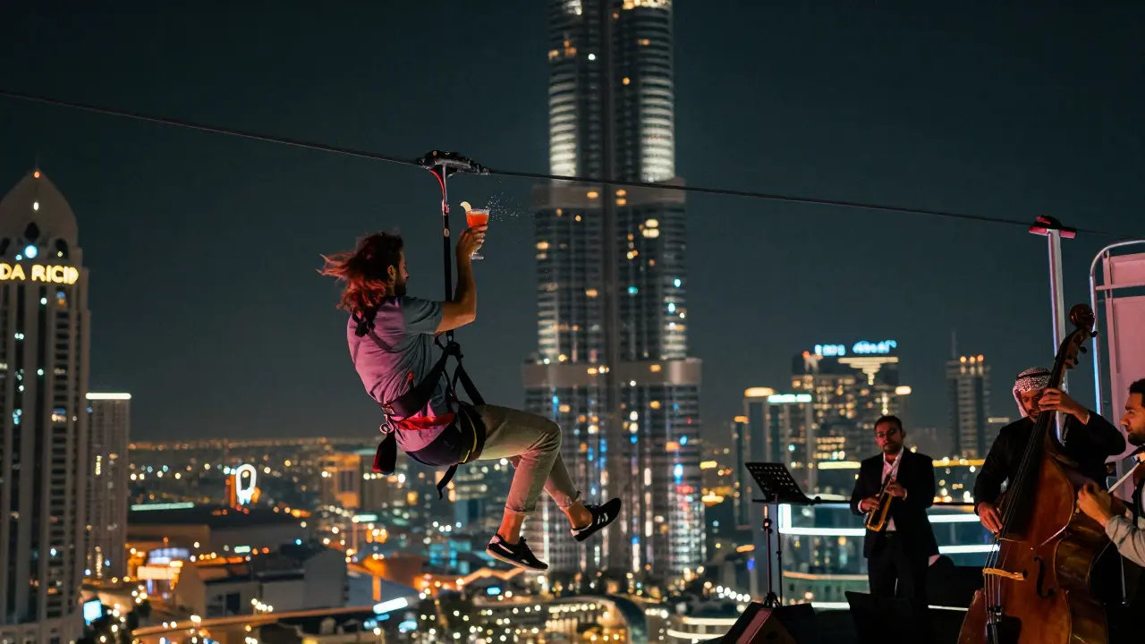 Traveler zip-lining between skyscrapers at night, cocktail in hand, city lights below.