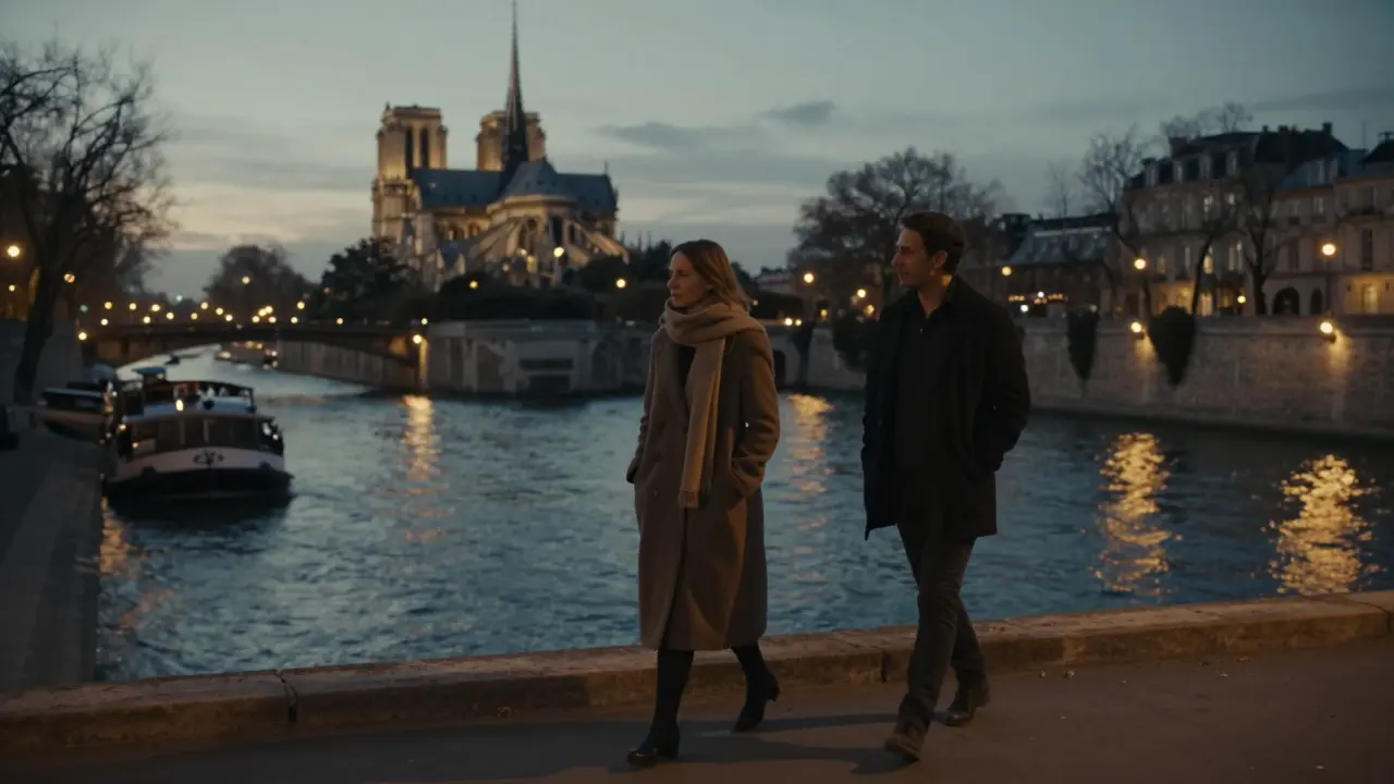 Two individuals walking peacefully along the Seine at dusk, enjoying the city’s quiet beauty without physical intimacy.