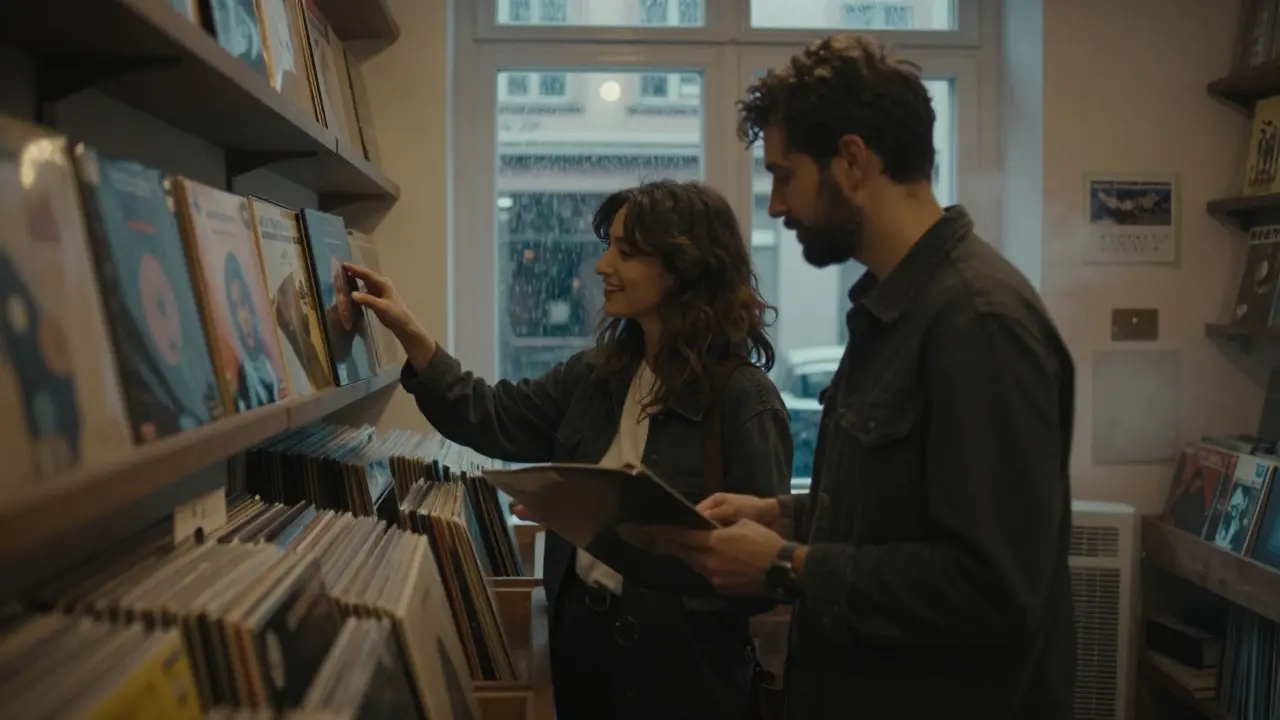 Two people browse vinyl records in a cozy Berlin record store, warm lighting and rain on the window.