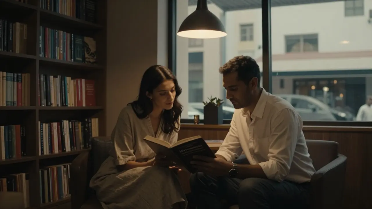 Two people engaged in thoughtful conversation over a book in a quiet art lounge in Alserkal Avenue.