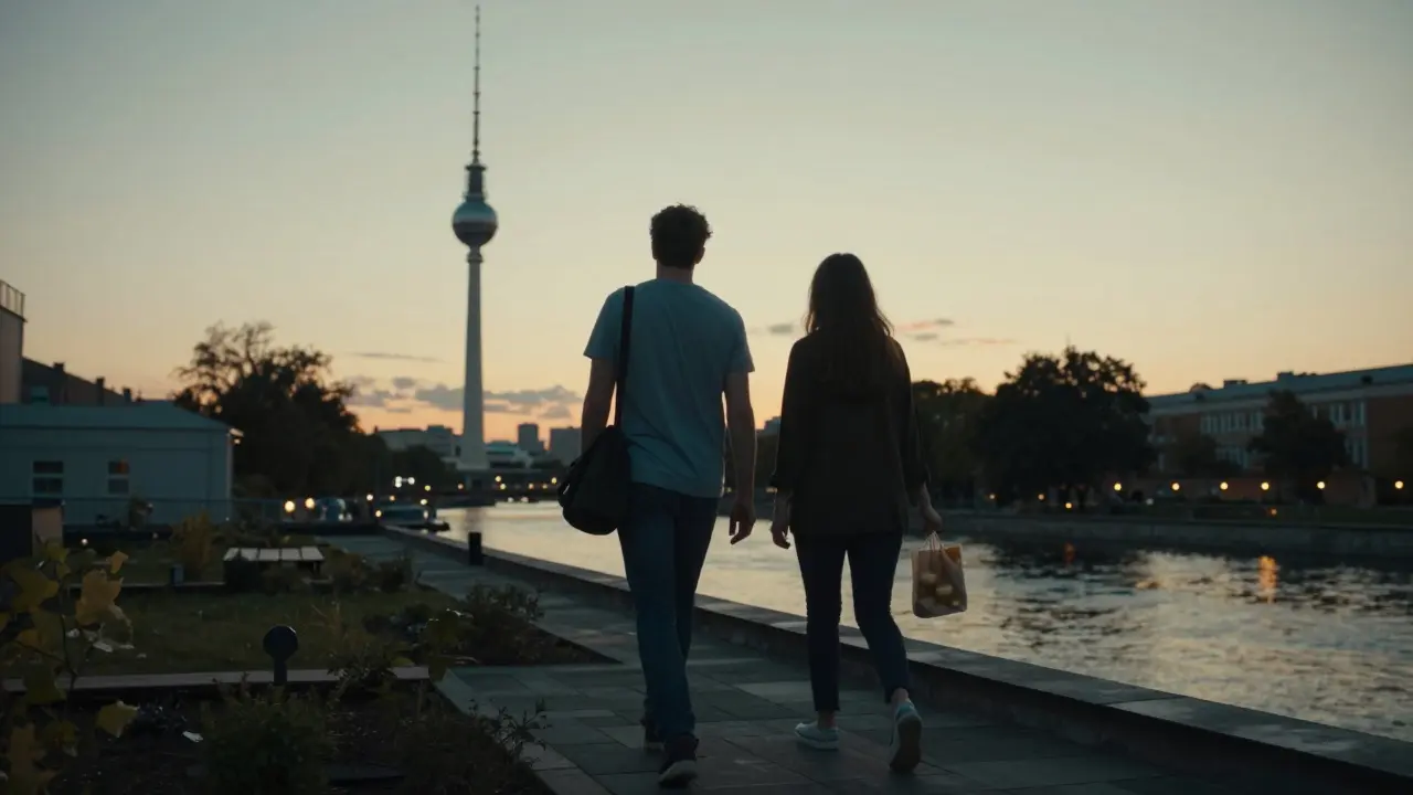 Two people walking on a hidden Berlin rooftop at sunset, city lights glowing in the distance, peaceful and unscripted.